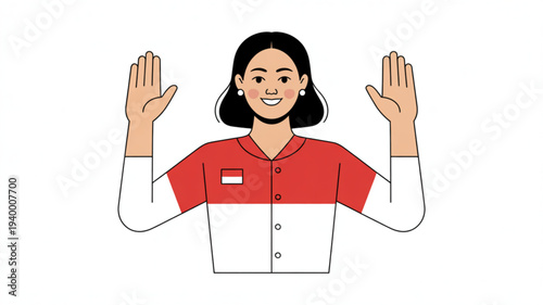 Woman with dark hair wearing red and white shirt making a gesture of refusal or rejection with both hands