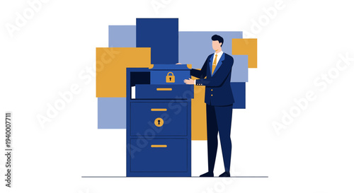 Businessman Organizing Secure Files in Locked Cabinet, Data Security Concept