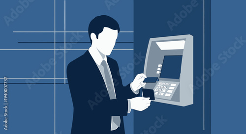 Businessman using ATM for banking transaction, inserting credit card into machine