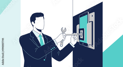 Businessman tightening screw on digital device screen with wrench, technology repair concept