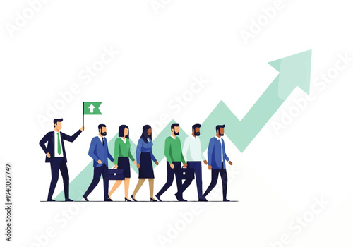 Business Professionals Walking with Rising Graph Indicator.