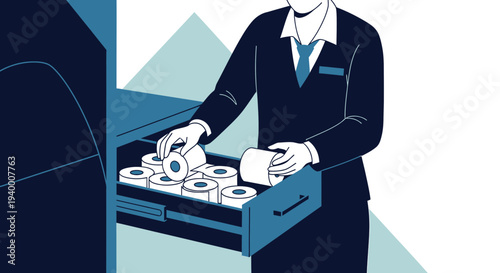 Businessperson organizing cash register receipts in a drawer, financial management concept