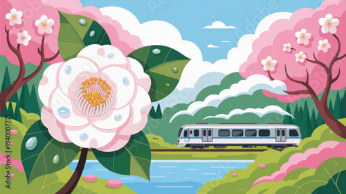Serene landscape with train by a river surrounded by blooming cherry blossoms and lush greenery under a blue sky with fluffy clouds