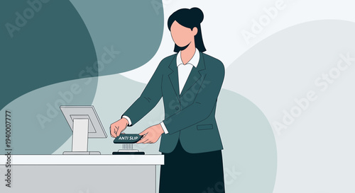 Businesswoman using contactless payment terminal at counter, modern office setting