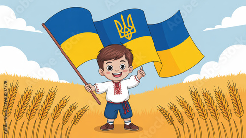 Smiling ukrainian boy holding flag in wheat field symbolizing national pride and freedom with blue sky background