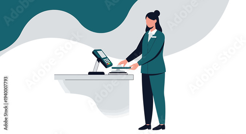 Cashier Using Payment Terminal at Counter, Customer Service, Retail Transaction