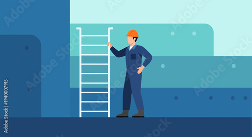 Construction worker in blue uniform and hard hat climbing a ladder on a blue industrial background