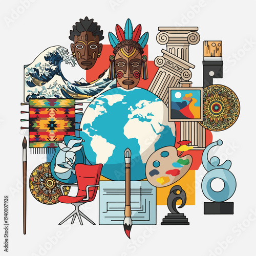 Colorful collage of diverse cultural art objects