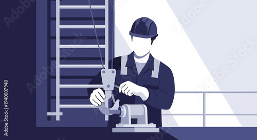 Construction worker in hard hat and safety vest inspecting crane hook at industrial site