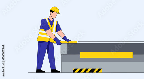 Construction worker in hard hat and safety vest installing yellow safety barrier