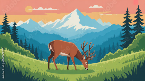 Reindeer grazing on lush green hillside with snowy mountain range at sunset