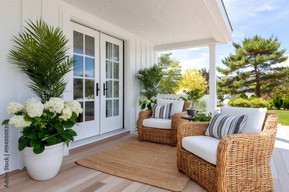 Fototapeta premium Outdoor living space featuring wicker furniture and blooming hydrangeas