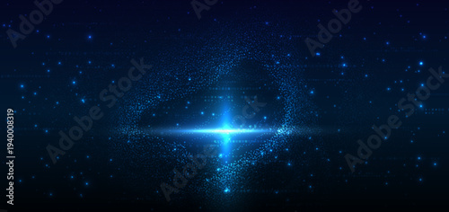 Futuristic blue digital particle sphere with glowing light burst.
