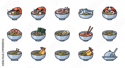 Japanese Ramen and Seafood Noodle Bowl Illustration Set, Asian Food Icons Collection