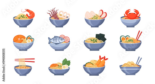 Set of Japanese Ramen Noodle Bowls with Seafood Toppings Illustration