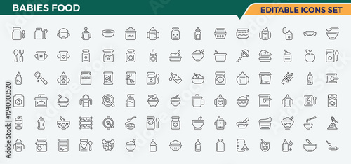 Babies Food icon set. Vector icons collection. Food linear icon set. Contains such icons as meal, baby, baby food, nutrition, milk and more.