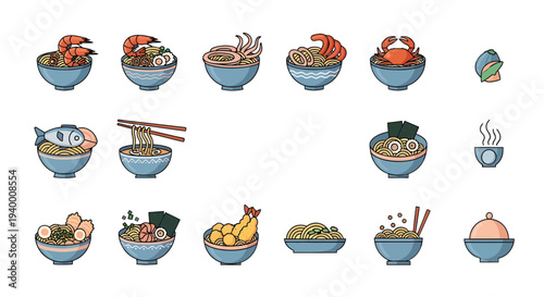 Premium Japanese Ramen Noodle Set with Seafood Toppings and Flat Vector Icons