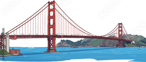 Golden Gate Bridge illustration showing suspension towers, vehicles, boats, scenic hills, and cloudy sky in iconic San Francisco landmark design