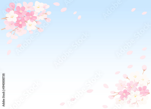 青空に舞う桜の花びらのベクターフレーム素材　可愛い