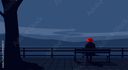 A lone person in a striking red hat sits on a bench overlooking a tranquil lake at twilight, reflecting on life's quiet moments.