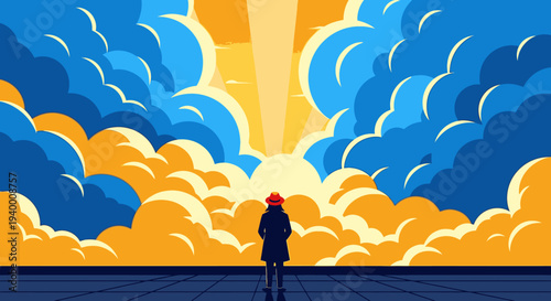 A solitary figure looks up at a powerful sunbeam breaking through a vibrant sky of blue and golden clouds, symbolizing hope, opportunity, and new path.