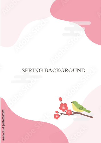春の背景イラスト　春のバナー　　ウグイスと桜　ウグイスと梅　フレーム 縦
