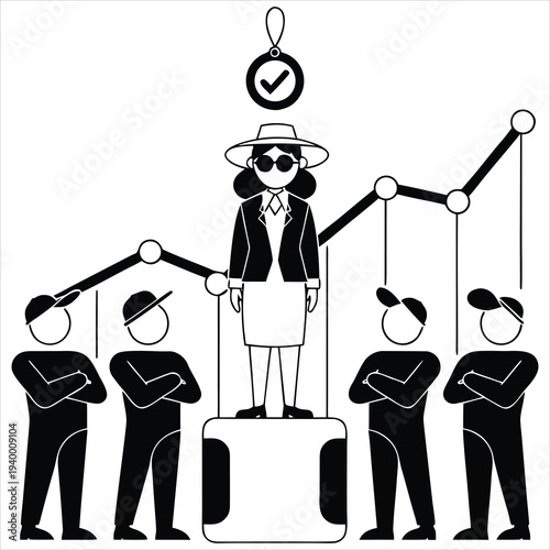 Woman leader standing on pedestal surrounded by team, business growth chart, check mark.