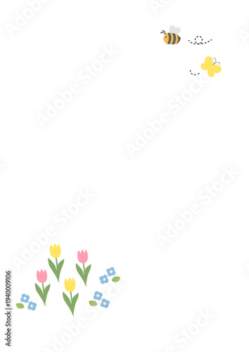 春の背景イラスト　春のバナー　　春の花とミツバチとチョウチョのイラスト　菜の花　チューリップ　フレーム素材