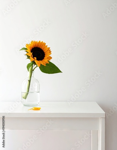 Single sunflower blooms in glass vase, placed atop white table against white wall background.