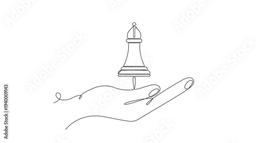 Chess bishop piece balancing on a hand in a minimalist continuous line art style featuring game, strategy, mind game with board game and recreation