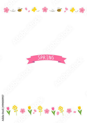 春の背景イラスト　春のバナー　　春の花とミツバチとチョウチョのイラスト　菜の花　チューリップ　フレーム素材