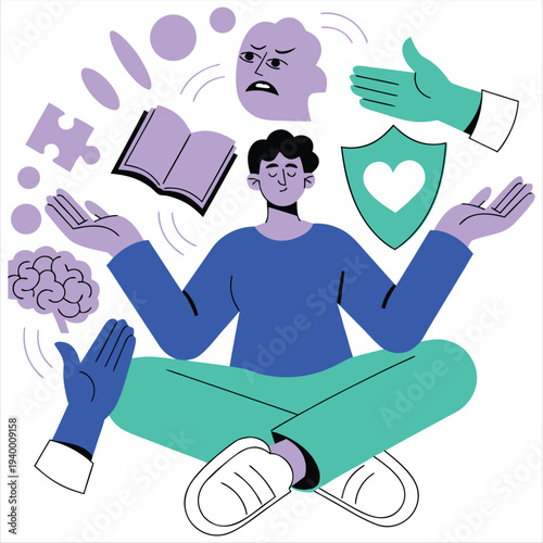 Person meditating, juggling symbols of anxiety, protection, and self-care, brain and puzzle piece.