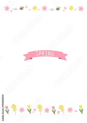 春の背景イラスト　春のバナー　　春の花とミツバチとチョウチョのイラスト　菜の花　チューリップ　フレーム素材