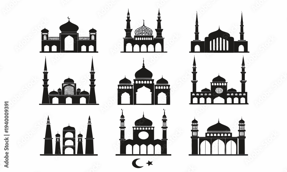 Fototapeta premium Collection of stylized black silhouettes depicting various islamic mosques and architectural elements high quality professional detailed
