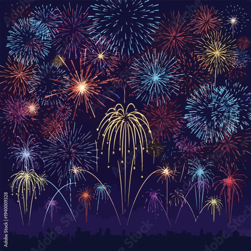 Colorful fireworks burst over city skyline at night