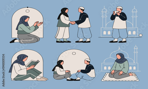 Illustrative depiction of people in traditional islamic clothing engaged in various activities high quality professional detailed