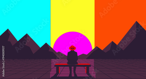 Vibrant synthwave landscape with a lone figure watching a neon pink sun over stylized mountains and a grid horizon, evoking 80s retro-futuristic aesthetics.