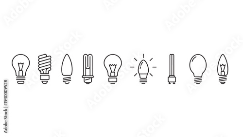 Bulb icons set with different shapes including incandescent, spiral, and fluorescent light bulbs, presented in a line.
