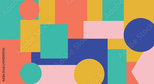 Colorful, geometric abstract art with intersecting shapes of various colors