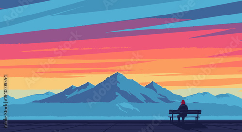 Vibrant pixel art sunset over a stylized mountain range, with a solitary person sitting on a bench, enjoying the peaceful view.