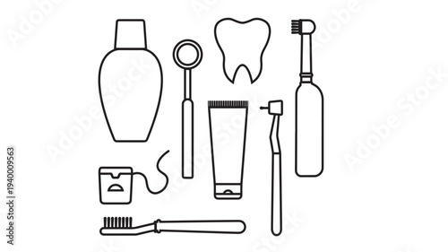 Dental hygiene icons set featuring a toothbrush, floss, toothpaste, mouthwash, dental mirror, and tooth.
