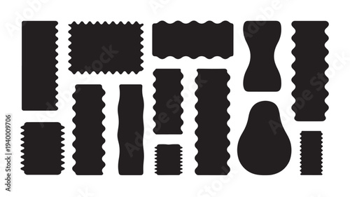 Pasta shapes set with wavy edges and different forms, black silhouette icons on white background featuring rigatoni, fettuccine, penne with macaroni