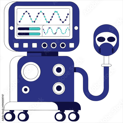 Modern flat vector illustration of a medical ventilator with a mask and screen showing vital signs.