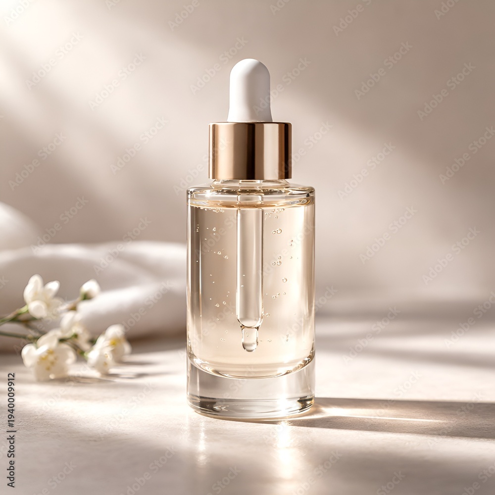 Naklejka premium Natural Skincare Serum Dropper Bottle with Soft Flowers Minimal Aesthetic