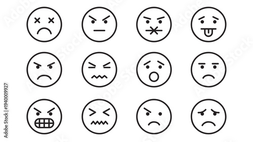 Emoticons set with a variety of negative emotions and expressions, rendered as simple black line icons on a white background.