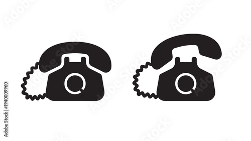Telephone icon set with a classic rotary dial design and coiled cord featuring phone, symbol, communication with old and vintage elements for curly,