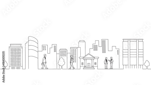 Cityscape line art with business people walking and talking in front of modern buildings and a classical bank structure.