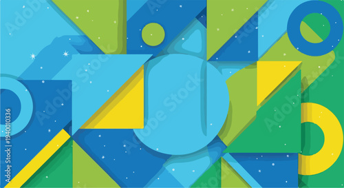 Colorful, geometric artwork with layered shapes and star-like details