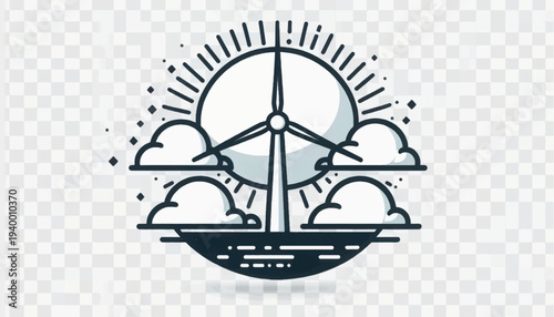 Renewable Wind Energy Icon Illustration. Minimalist Line Art Graphic of Windmill, Sun, and Clouds for Clean Power and Sustainability Concept.
