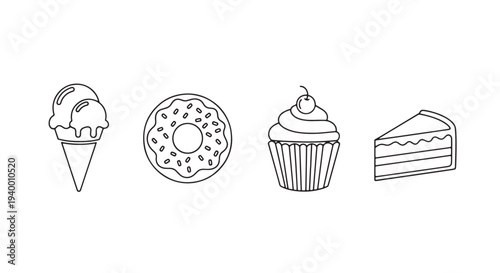Minimal Single Line Dessert Icon Pack, 4 Sweets Ice Cream Donut Cupcake Cake Continuous Stroke Set